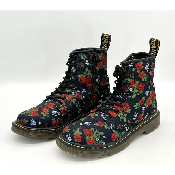 Dr. Martens Other - Dr. Martens Girls Delaney Floral Canvas Combat Ankle Black Boots Size 1 US Laces